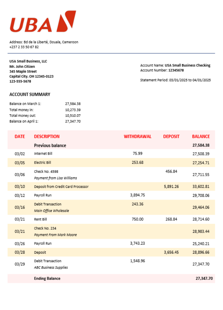 Déclaration de la société UBA Format Word et PDF